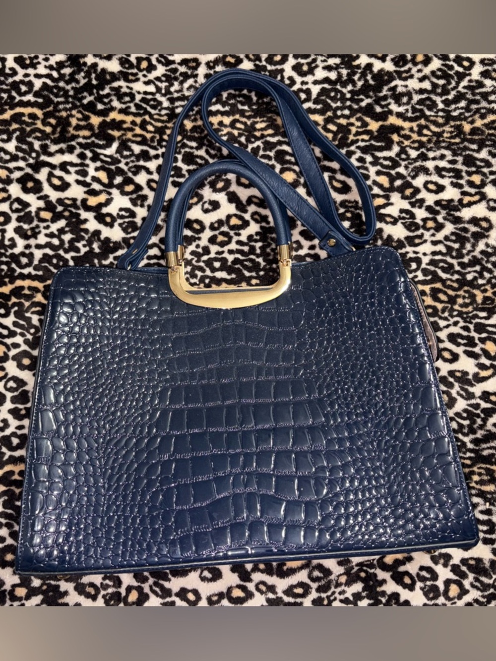 Croc-Embossed Navy Satchel with Gold Handle Accent